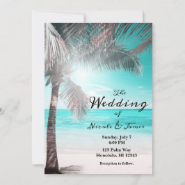 Tropisch Glam Roze Aqua Blauwe Strand Palm Bruilof Kaart