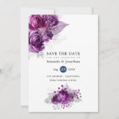 Tropisch glitter Floral Wedding van pruimen en zee Save The Date (Voorkant)
