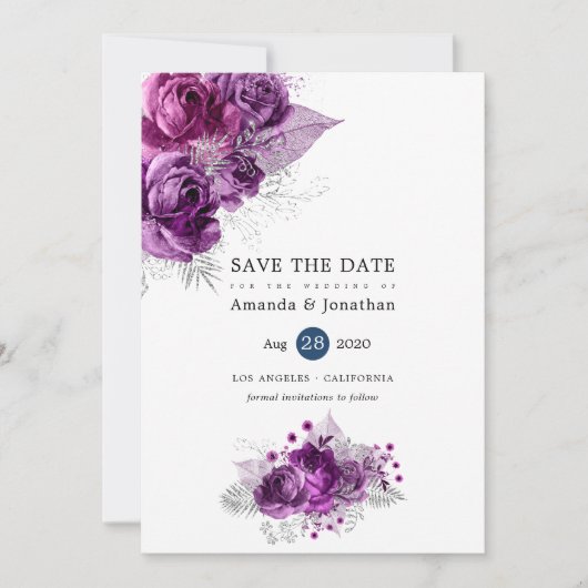 Tropisch glitter Floral Wedding van pruimen en zee Save The Date (Voorkant)