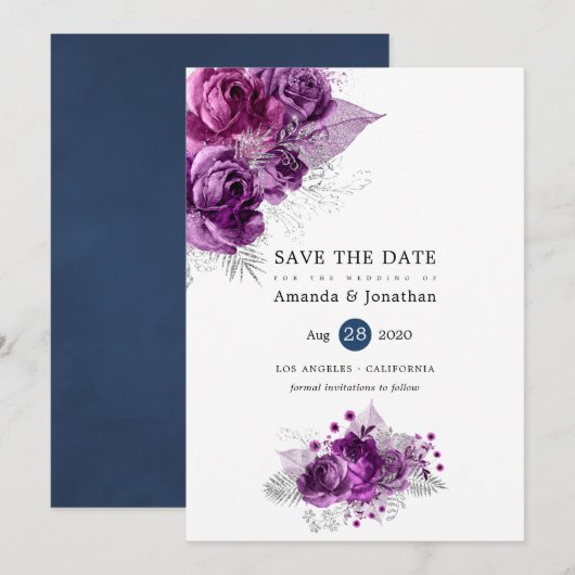 Tropisch glitter Floral Wedding van pruimen en zee Save The Date (Voorkant / Achterkant)