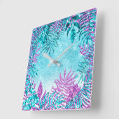 Tropisch Glitter Fuchsia Glitter Blue Floral Pink Vierkante Klok (Hoek)