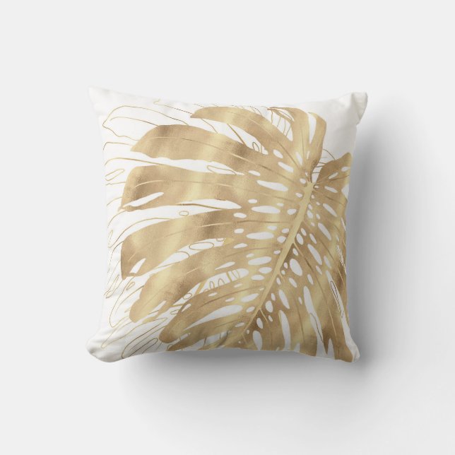 Tropisch Gold Monstera Leaf White Design Kussen (Voorkant)