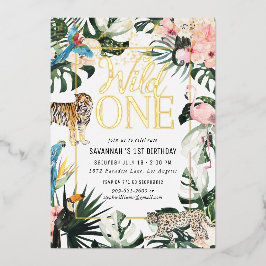 Tropisch | Gold Wild One Birthday Party Folie Uitnodiging