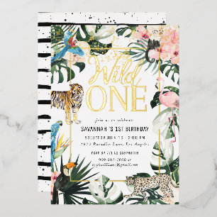 Tropisch   Gold Wild One Birthday Party Folie Uitnodiging