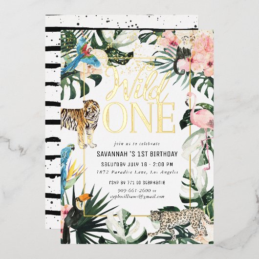 Tropisch | Gold Wild One Birthday Party Folie Uitnodiging (Voorkant / Achterkant)