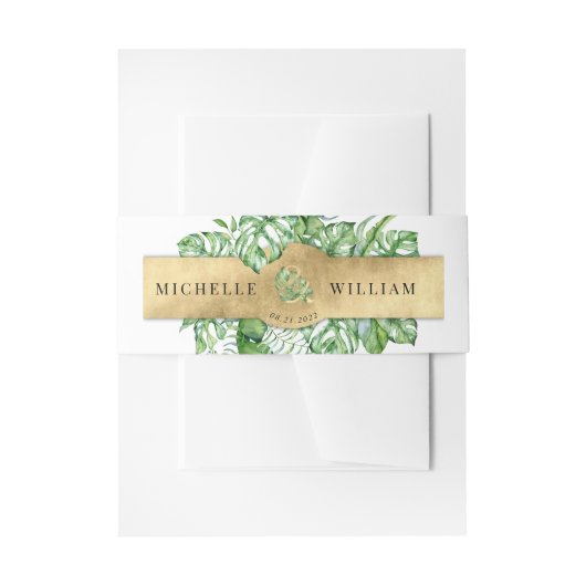tropisch golden foliage monogram Wedding Invitatio Uitnodigingen Wikkel (Voorkant Voorbeeld)