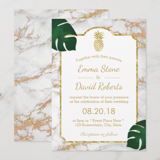 Tropisch goud anananas Moderne marmer Wedding Kaart (Voorkant / Achterkant)