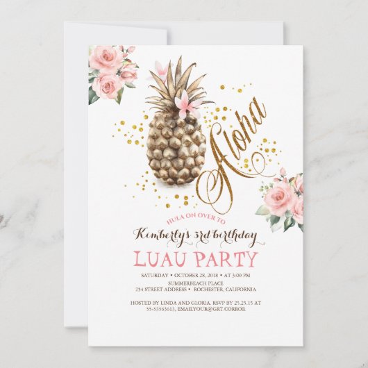 Tropisch goud anananas Roze Floral Luau Birthday Kaart (Voorkant)