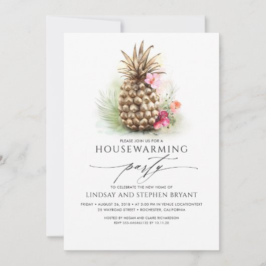 Tropisch Goud Ananas Strand Bloemen Housewarming Kaart (Voorkant)