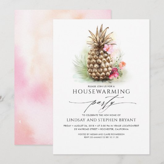 Tropisch Goud Ananas Strand Bloemen Housewarming Kaart (Voorkant / Achterkant)