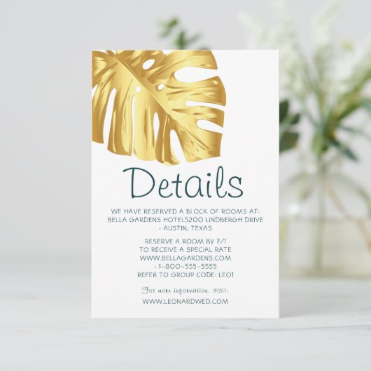 Tropisch Goud Bruiloft Details Kaart (Staand voorkant)