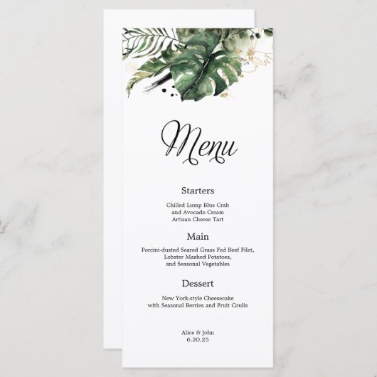 Tropisch goud en groen bruiloft Menu (Voorkant / Achterkant)