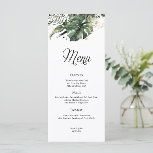 Tropisch goud en groen bruiloft Menu (Staand voorkant)