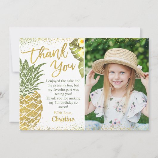 Tropisch Goud Glitter Ananas Verjaardagsfoto Bedankkaart (Voorkant)