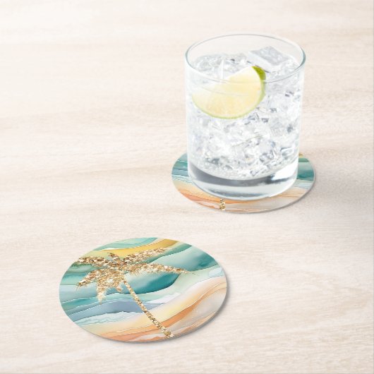 Tropisch goud glitter palmboom strand ronde kartonnen onderzetter (Insitu)