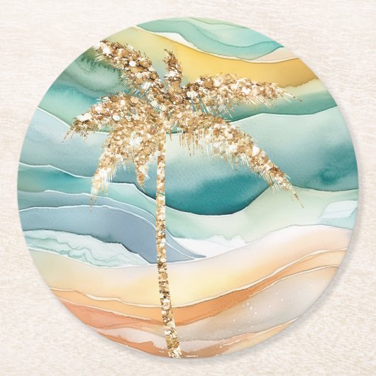 Tropisch goud glitter palmboom strand ronde kartonnen onderzetter (Voorkant)