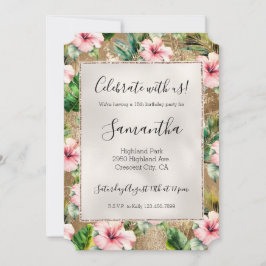 Tropisch Goud Glitz Roze Hibiscus Bloemen Kaart