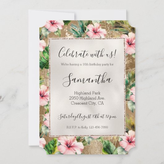 Tropisch Goud Glitz Roze Hibiscus Bloemen Kaart (Voorkant)