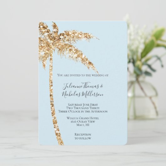Tropisch Goud Glitzy Glitter Palm Tree Wedding Kaart (Staand voorkant)