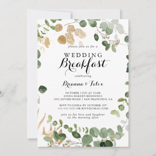 Tropisch Goud Groen Bladgroen Bruiloft Ontbijt Kaart (Voorkant)