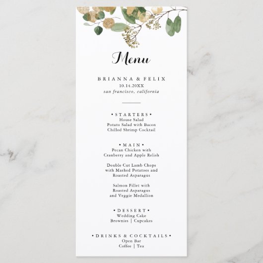 Tropisch Goud Groen Bladgroen Diner Menu (Voorkant)