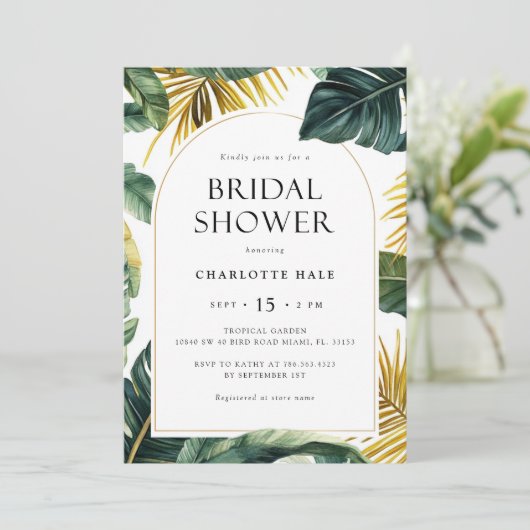 Tropisch Goud Groen Bruids Douche Uitnodiging (Staand voorkant)