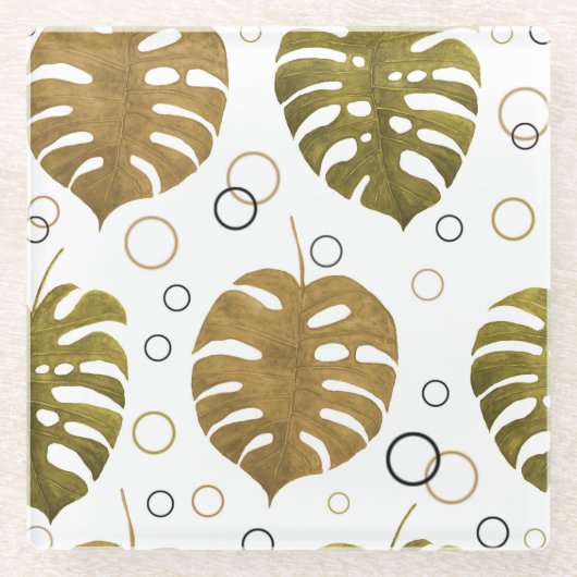 Tropisch goud: Monstera Leaf Waterverf Glazen Onderzetter (Voorkant)