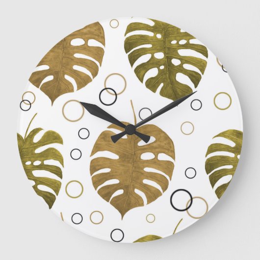 Tropisch goud: Monstera Leaf Waterverf Grote Klok (Voorkant)
