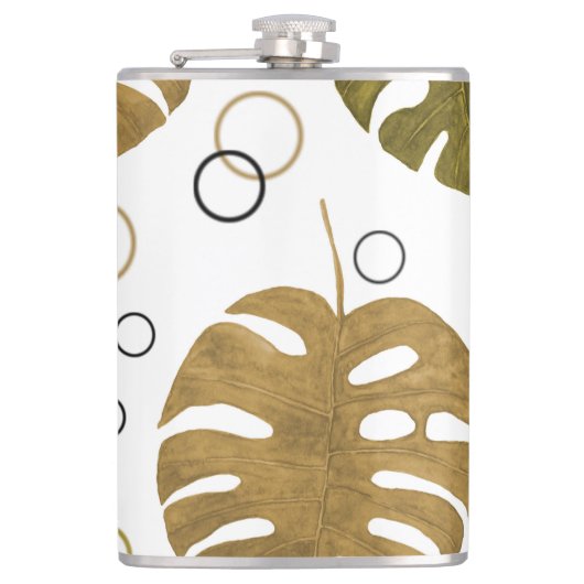Tropisch goud: Monstera Leaf Waterverf Heupfles (Voorkant)