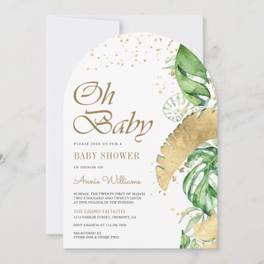 Tropisch Goud Monstera Palm Arch Baby shower Kaart (Voorkant)