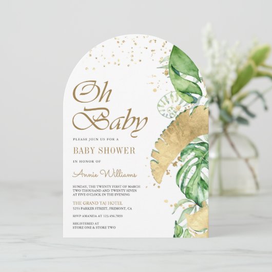 Tropisch Goud Monstera Palm Arch Baby shower Kaart (Staand voorkant)