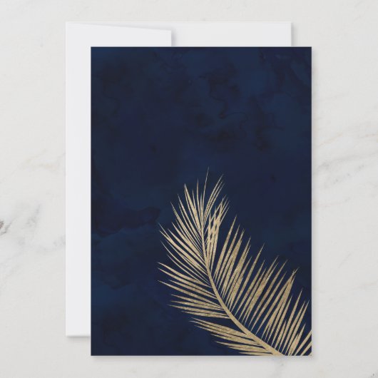 Tropisch goud palmboom strand marineblauw bruiloft kaart (Achterkant)