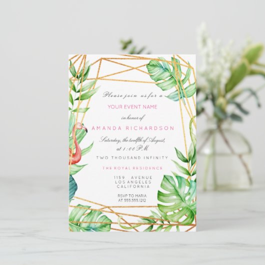 Tropisch goud Poligonal Lijst Flamingo Stripe Mint Kaart (Staand voorkant)