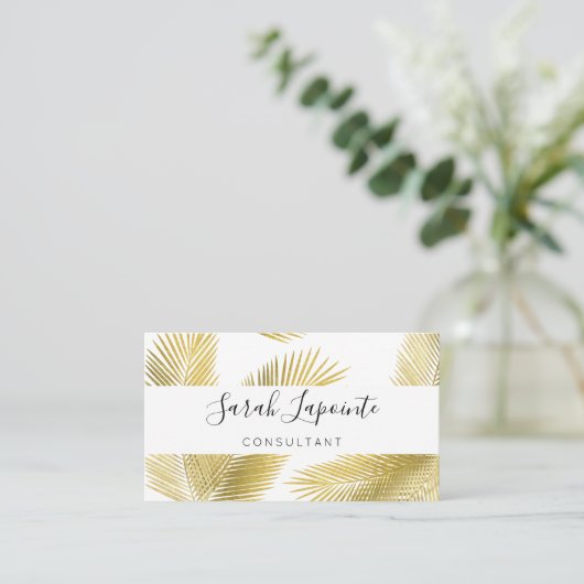 Tropisch goud & witte palmbladeren Elegant ontwerp Visitekaartje (Staand voorkant)