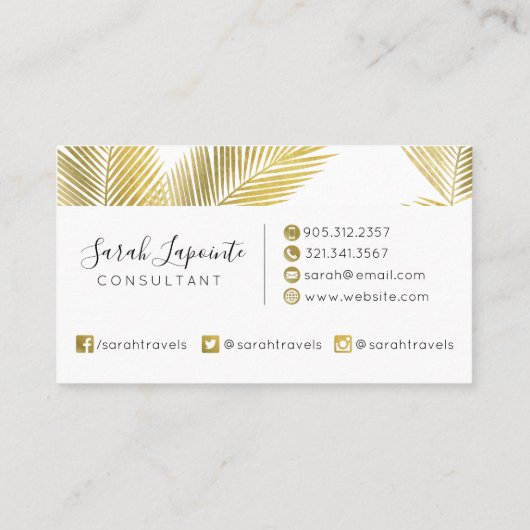 Tropisch goud & witte palmbladeren Elegant ontwerp Visitekaartje (Achterkant)