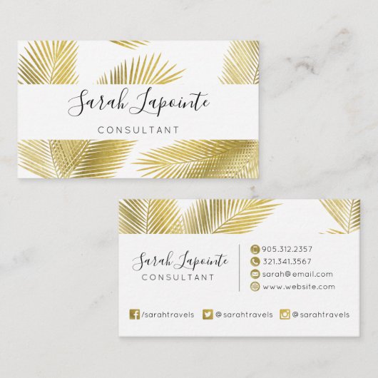 Tropisch goud & witte palmbladeren Elegant ontwerp Visitekaartje (Voorkant / Achterkant)