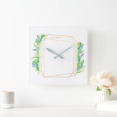 Tropisch goudblad Poligonal Mint Wit Blauw Vierkante Klok (Huis)