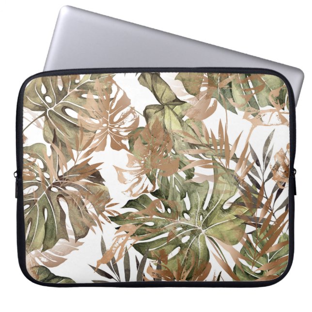 Tropisch gouden bladeren bloemennaadloos laptop sleeve (Voorkant)