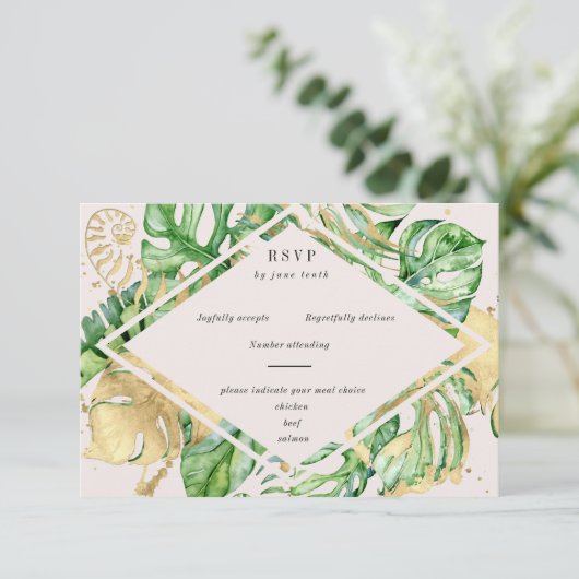 Tropisch gouden bladeren RSVP-kaart RSVP Kaartje (Staand voorkant)
