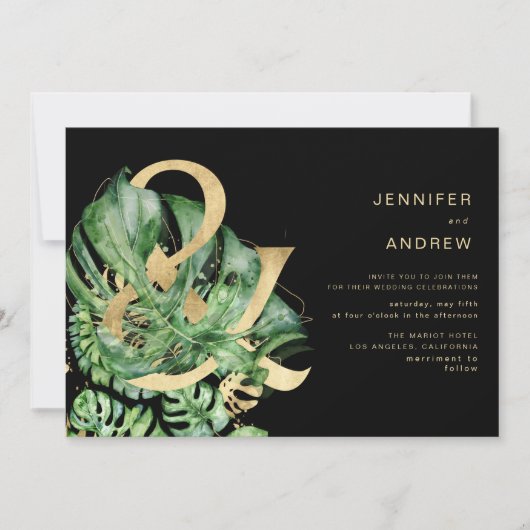 Tropisch Gouden Bladgroen Ampersand Bruiloft Kaart (Voorkant)
