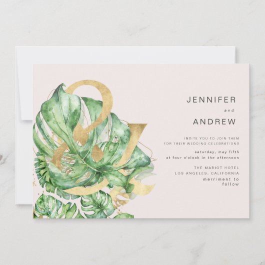 Tropisch Gouden Bladgroen Ampersand Bruiloft Kaart (Voorkant)