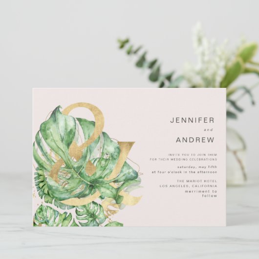 Tropisch Gouden Bladgroen Ampersand Bruiloft Kaart (Staand voorkant)