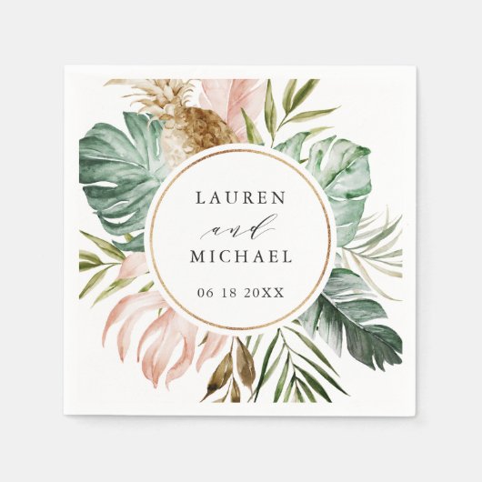Tropisch Gouden Blush Palm Persoonlijke Trouwdag Servet (Voorkant)