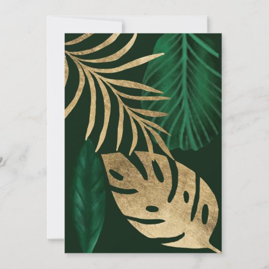 Tropisch gouden groene bladblad waterverf bruiloft kaart (Achterkant)