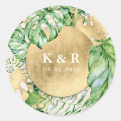 Tropisch gouden loof bruiloft monogram ronde sticker (Voorkant)