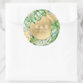 Tropisch gouden loof bruiloft monogram ronde sticker