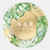 Tropisch gouden loof bruiloft monogram ronde sticker (Voorkant)