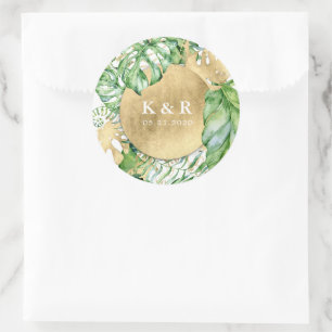 Tropisch gouden loof bruiloft monogram ronde sticker