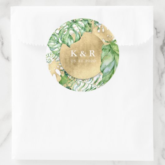 Tropisch gouden loof bruiloft monogram ronde sticker (Tas)