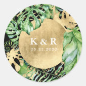 Tropisch gouden loof bruiloft monogram ronde sticker (Voorkant)